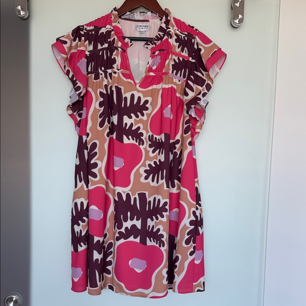 CROSBY by Mollie Burch Pink, Brown & Cream Abstract Floral Mini Dress